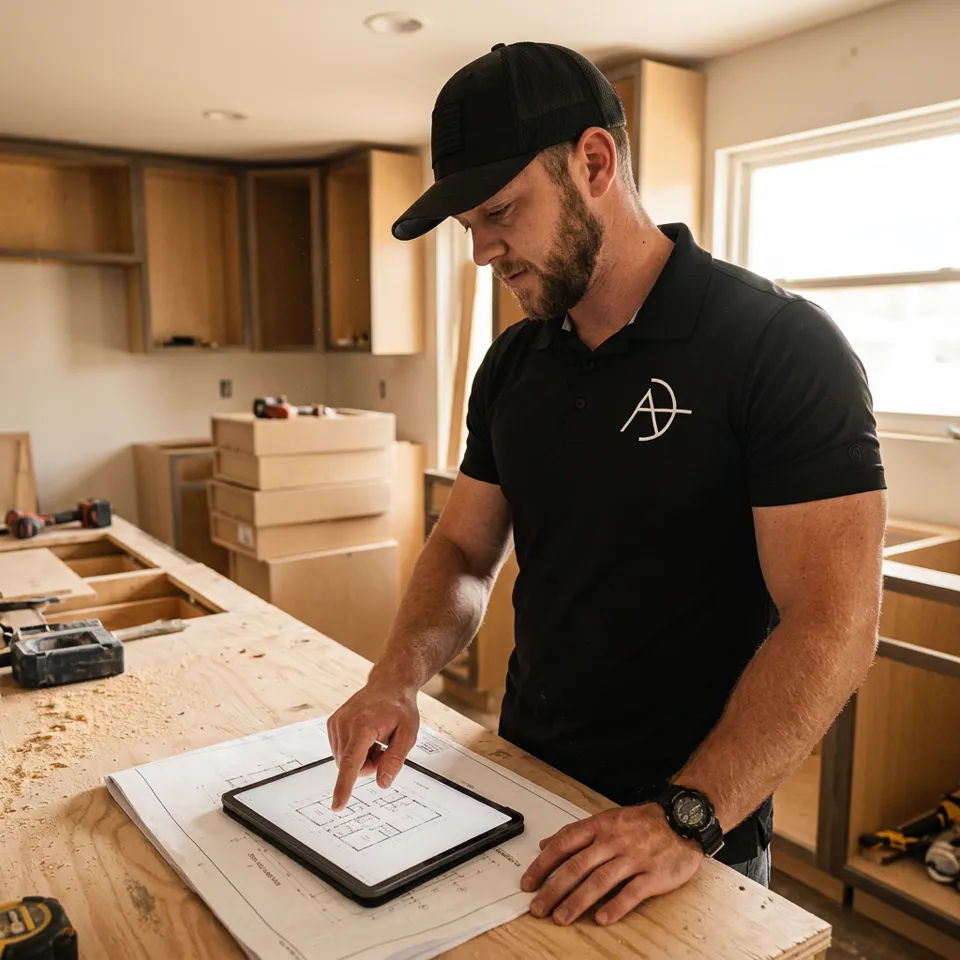 Matt Archer, owner of Archers Remodeling & Renovation, reviewing plans on a kitchen remodel in Springboro, OH